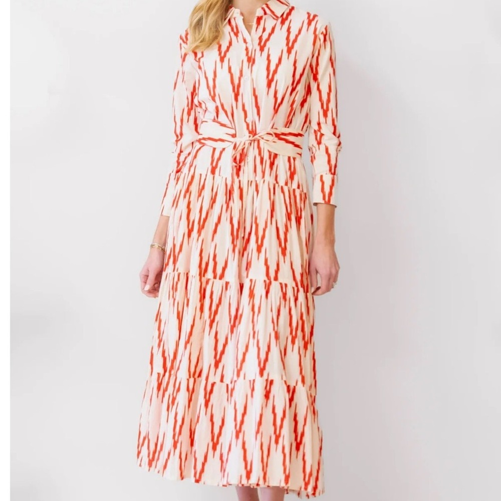 Guadalupe SZ LGE Red Cream Ikat Tiered Maxi Shirtdress Long Sleeve Belted